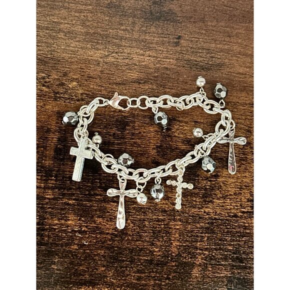 Silver tone Cross and Beads Charm Bracelet - Picture 2 of 3